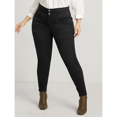 Bloomchic Women's Plus Size Skinny Slightly Stretchy High Rise Black Wash Double Button Jeans Black Plain Plai