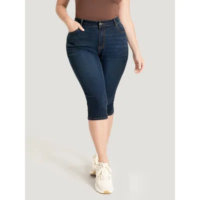 Bloomchic Women's Plus Size Skinny Very Stretchy Dark Wash Split Knee Denim Shorts Darkblue High Stretch Daily In Blue