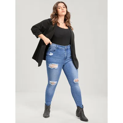Bloomchic Women's Plus Size Skinny Very Stretchy High Rise Asymmetrical Distressed Jeans Blue Plain High Stret