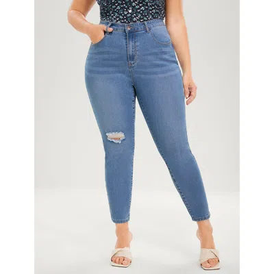 Bloomchic Women's Plus Size Skinny Very Stretchy High Rise Medium Wash Distressed Ankle Jeans Blue Plain Plain
