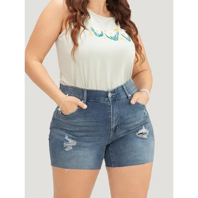 Bloomchic Women's Plus Size Skinny Very Stretchy Light Wash Ripped Detail Denim Shorts Blue High Stretch Daily