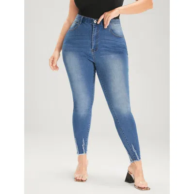 Bloomchic Women's Plus Size Skinny Very Stretchy Mid Rise Medium Wash Pocket Jeans Blue Plain Pocket High Stre