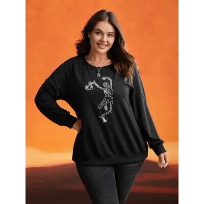 Bloomchic Women's Plus Size Skull Embellished Raglan Sweatshirt Black Halloween Everyday 18-20/2x