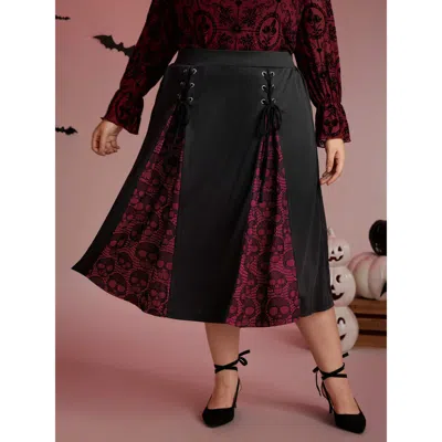 Bloomchic Women's Plus Size Skull Mesh Panel Cross-tie Maxi Skirt Black Cross Straps Flared Elegant 10/m