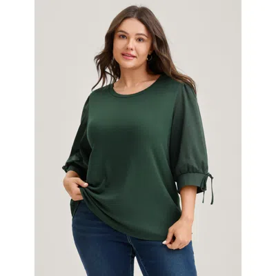 Bloomchic Women's Plus Size Sleeve Tie Plain Knit Solid Top Darkgreen 3/4 Sleeve Office Round Neck 10/m In Green
