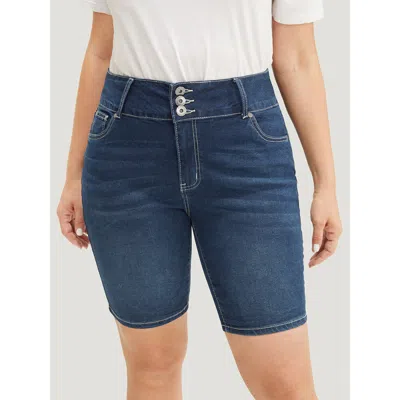 Bloomchic Women's Plus Size Slightly Stretchy High Rise Black Wash Denim Shorts Indigo Plain Button Skinny Fit In Purple