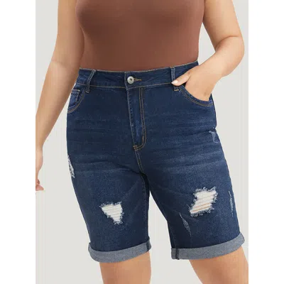Bloomchic Women's Plus Size Slightly Stretchy High Rise Dark Wash Distressed Denim Shorts Darkblue Plain Distr In Blue