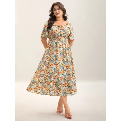 Bloomchic Women's Plus Size Smocked Waist Floral Ties Tiered Maxi Dress Lightyellow Ditsy Floral Midi Elegant 