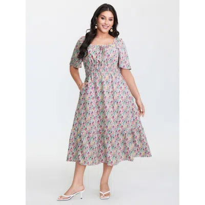 Bloomchic Women's Plus Size Smocked Waist Floral Ties Tiered Maxi Dress Multicolor Ditsy Floral Midi Elegant L