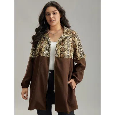 Bloomchic Women's Plus Size Snakeskin Print Patchwork Contrast Zipper Windbreaker Darkbrown Colorblock 14-16/1 In Brown