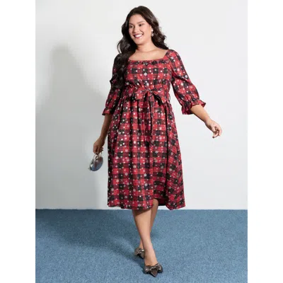 Bloomchic Women's Plus Size Snow Checkered Print Shirred Midi Dress Burgundy Plaid Midi Party Belted 12/l