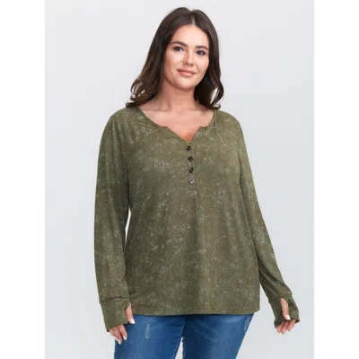 Bloomchic Women's Plus Size Snowflake Effect Button Detail T-shirt Armygreen Non Casual Extra Long Sleeve 10/m