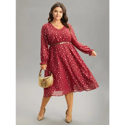 Bloomchic Women's Plus Size Snowflake Glitter Mesh Gathered Ruffles Dress Scarlet Going Out See Through 14-16/ In Red