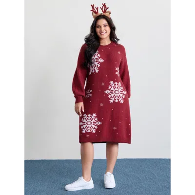 Bloomchic Women's Plus Size Snowflake Pattern Drop Shoulder Sweater Dress Scarlet Geometric Short 14-16/1x In Red