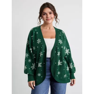 Bloomchic Women's Plus Size Snowflake Pattern Pockets Curvy Hem Knit Cardigan Darkgreen Long Sleeve Deep V-nec In Green