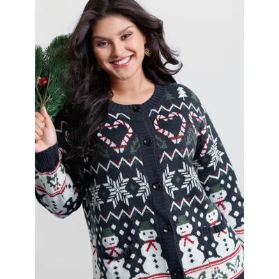 Bloomchic Women's Plus Size Snowman Holiday Jacquard Pockets Knit Cardigan Indigo Long Sleeve Round Neck 12/l In Purple