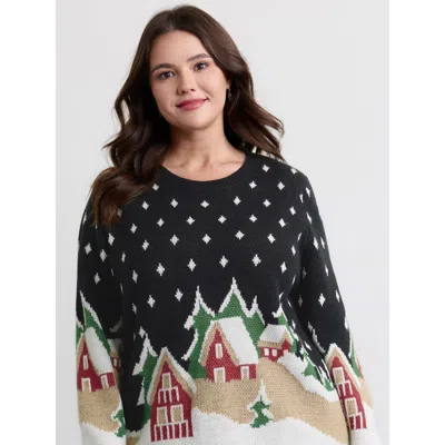 Bloomchic Women's Plus Size Snowy Nights Jacquard Pullover Indigo Not Graphics Long Sleeve Round Neck 12/l In Purple