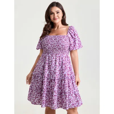 Bloomchic Women's Plus Size Soft Floral Print Cinched-waist Mini Dress Lilac Ditsy Floral Short Elegant Shirre In Purple