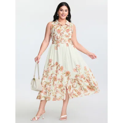 Bloomchic Women's Plus Size Soft Floral Print Collar Slit Midi Dress Ivory Ditsy Floral Midi Elegant Gathered  In White