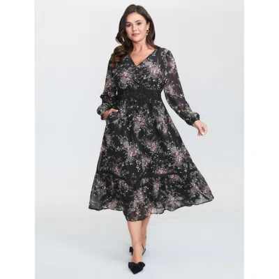 Bloomchic Women's Plus Size Soft Floral Print Lace Trim Midi Dress Black Ditsy Floral Midi Elegant Patchwork 2