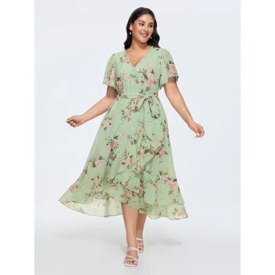 Bloomchic Women's Plus Size Soft Floral Print Lotus Leaf Hem Midi Dress Greenbean Elegant 10/m