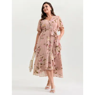 Bloomchic Women's Plus Size Soft Floral Print Lotus Leaf Hem Midi Dress Mistyrose Elegant 22-24/3x