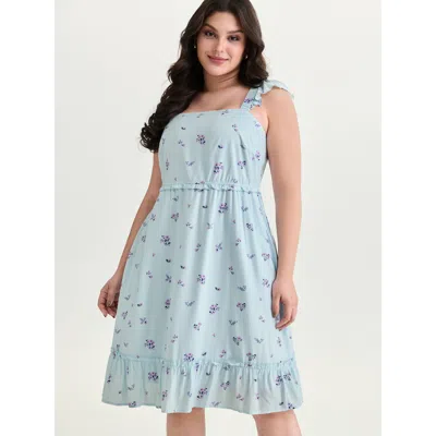 Bloomchic Women's Plus Size Soft Floral Print Ruffled Detail Mini Dress Lightblue Ditsy Floral Knee Length Cas In Blue