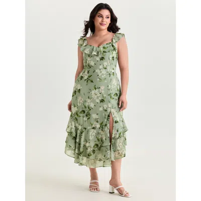 Bloomchic Women's Plus Size Soft Floral Print Ruffled Hem Midi Dress Greenbean Ditsy Floral Maxi Elegant 14-16
