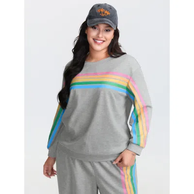 Bloomchic Women's Plus Size Soft Rainbow Print Round Neck Sweatshirt Lightgray Pride Casual Round Neck 22-24/3 In Gray