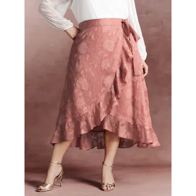 Bloomchic Women's Plus Size Soft Romance Jacquard High-low Wrap Midi Skirt Dustypink Tie Knot Tapered Fit Part In Pink