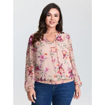 Bloomchic Women's Plus Size Soft Romance Stretchy Hem Blouse Mistyrose Floral Elegant Long Sleeve V-notch Neck