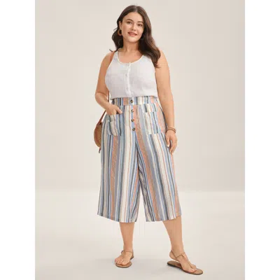 Bloomchic Women's Plus Size Soft Stripes Button Wide-leg Pants Multicolor Stripes Wide Leg Mid Rise Vacation 1
