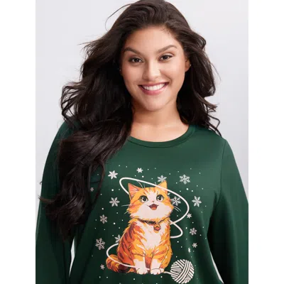 Bloomchic Women's Plus Size Solar Cat Stretchy Sweatshirt Darkgreen Casual 14-16/1x In Green