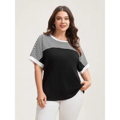 Bloomchic Women's Plus Size Solid And Striped Contrast Hem T-shirt Black Stripes Casual Short Sleeve Round Nec