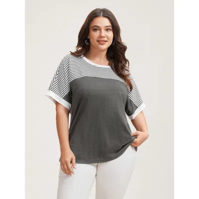 Bloomchic Women's Plus Size Solid And Striped Contrast Hem T-shirt Darkgray Stripes Casual Short Sleeve Round  In Gray