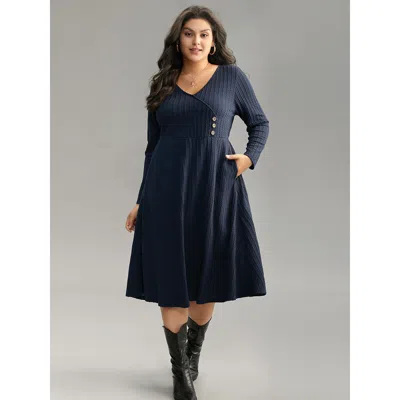 Bloomchic Women's Plus Size Solid Appliques Button Detail Elastic Waist Dress Midnight Dailywear Texture 12/l In Blue
