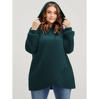 Bloomchic Women's Plus Size Solid Asymmetrical Hem Cable Knit Hooded Sweatshirt Darkgreen Plain Everyday 14-16 In Green