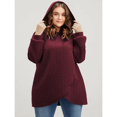 Bloomchic Women's Plus Size Solid Asymmetrical Hem Cable Knit Hooded Sweatshirt Scarlet Plain Everyday 14-16/1 In Red