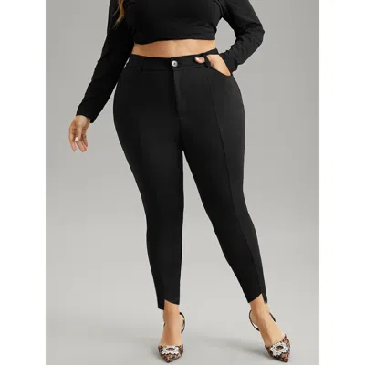 Bloomchic Women's Plus Size Solid Asymmetrical Hem Pocket Ankle Pants Black High Rise Office 14-16/1x