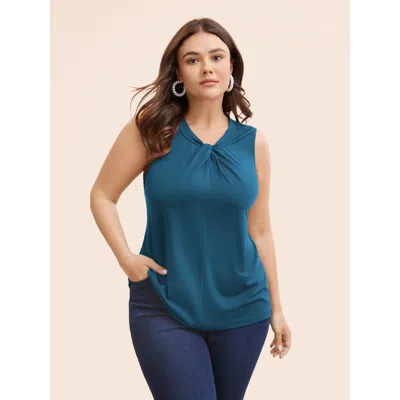 Bloomchic Women's Plus Size Solid Asymmetrical Neck Twist Front Tank Top Aegean Elegant Straight Fit Knotted N In Blue