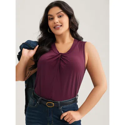 Bloomchic Women's Plus Size Solid Asymmetrical Neck Twist Front Tank Top Plum Elegant Straight Fit Knotted Nec In Purple