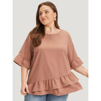 Bloomchic Women's Plus Size Solid Bell Sleeve Ruffle Layered Blouse Rouge Dailywear Half Sleeve 10/m In Red