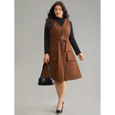 Bloomchic Women's Plus Size Solid Belted Buckle Detail Flap Pocket Sleeveless Dress Bronze Office Plain 12/l In Brown
