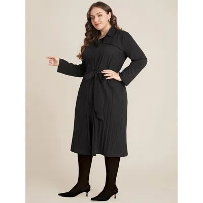 Bloomchic Women's Plus Size Solid Belted Pleated Shirt Collar Dress Black Solid Office Belted 12/l