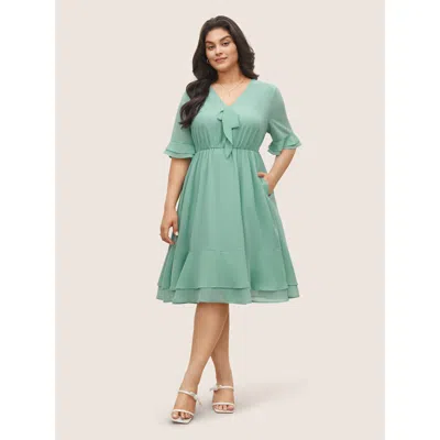 Bloomchic Women's Plus Size Solid Bowknot Patchwork Tiered Ruffle Sleeve Dress Turquoise Non Midi Everyday Non In Blue