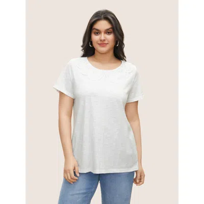 Bloomchic Women's Plus Size Solid Broderie Anglaise Peter Pan Collar T-shirt White Non Everyday Short Sleeve 1