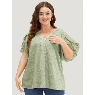 Bloomchic Women's Plus Size Solid Broderie Anglaise Split Sleeve Contrast Lace Blouse Moss Dailywear Short Sle In Green