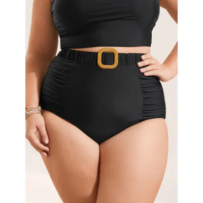 Bloomchic Women's Plus Size Solid Buckle Detail Ruched Swim Bottom Black Non Short Non Fully Elasticated Waist