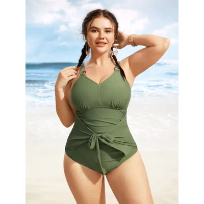 Bloomchic Women's Plus Size Solid Buckle Detail Tie Knot One Piece Swimsuit Palemauve Non Tie Knot Adaptive-fi