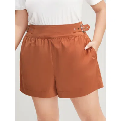 Bloomchic Women's Plus Size Solid Buckle Detail Zipper Back Shorts Rust Dailywear Plain Shorts 12/l In Brown